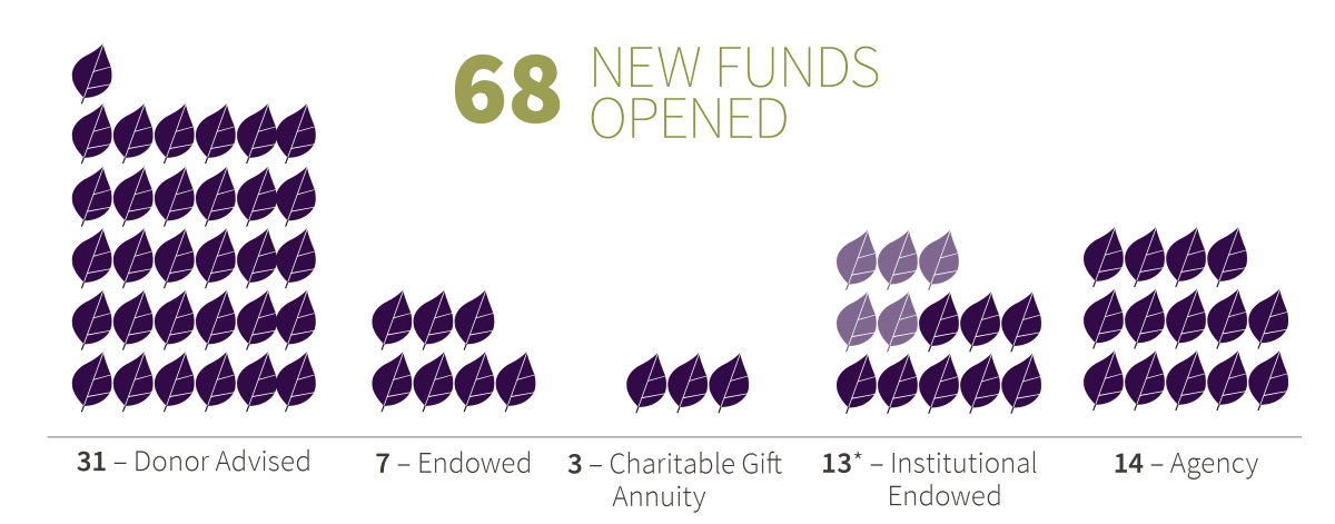 68 new funds opened. 31 Donor Advised, 7 Endowed, 3 Charitable Gift Annuity, 13 Institutional Endowed, 14 Agency